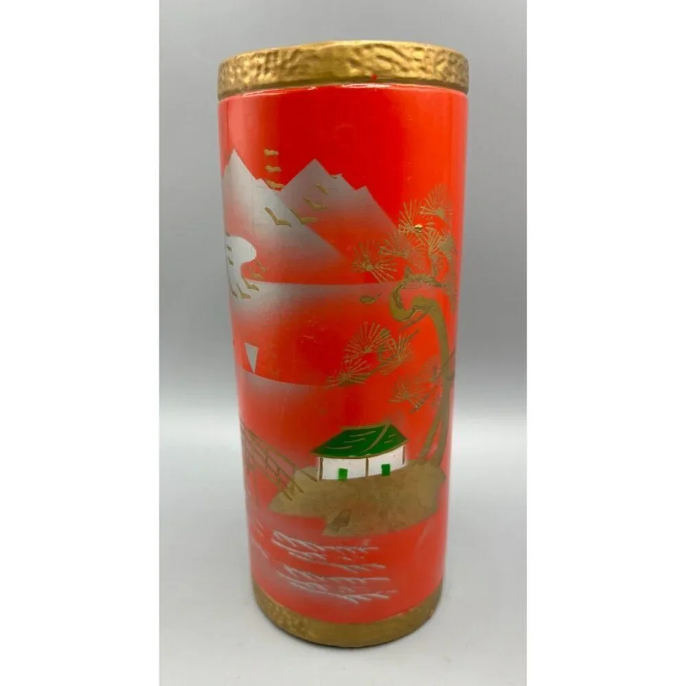 Vtg Norleans Japanese‎ Red Orange Gold Ceramic Vase Painted Landscape Design